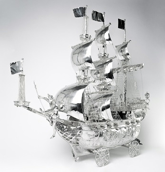 At the September LAPADA Art and Antiques Fair in Berkeley Square, London silver dealers Langfords will be showing this Victorian silver ‘nef’ in the form of a galleon in full sail by the German silversmith Berthold Müller, bearing import marks for Chester. Image courtesy Langfords and LAPADA.